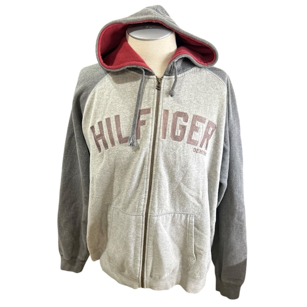 Tommy Hilfiger Jeans Vintage Mens Hoodie Large Full Zip Grey
